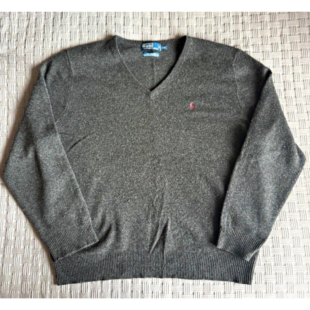 Polo Ralph Lauren Mens XXL Charcoal Grey 100% Lambswool V-Neck Sweater Red Pony